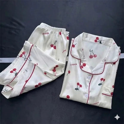 Cherry Print Silk Pajamas Set for Women Summer Short Sleeve Shirt and Shorts Two Pieces Sleepwear Homewear Nightwear - A-1 Thread Vault