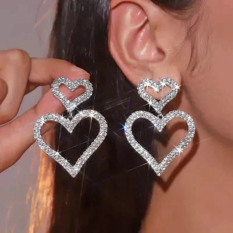 Chic Double Heart Rhinestone Stud Earrings - A-1 Thread Vault