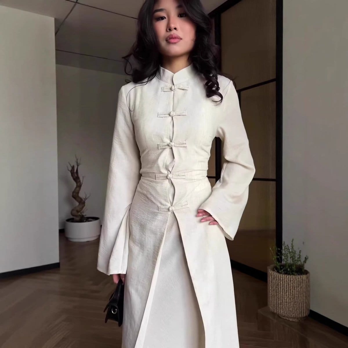 Chinese Frog Button Stand Collar Top & Wide-Leg Maxi Skirt Co-ord Set(MS483) - A-1 Thread Vault