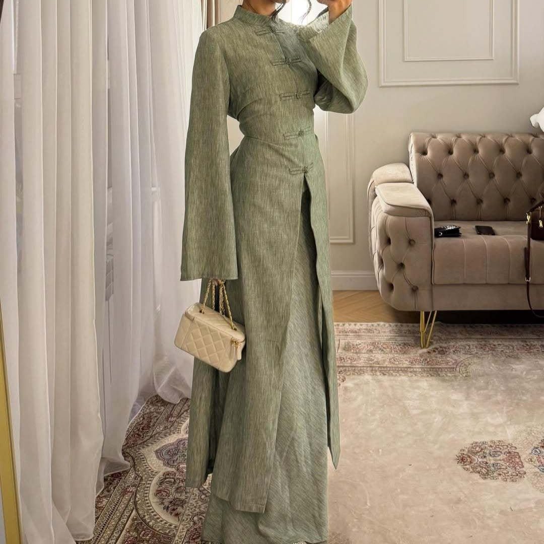 Chinese Frog Button Stand Collar Top & Wide-Leg Maxi Skirt Co-ord Set(MS483) - A-1 Thread Vault
