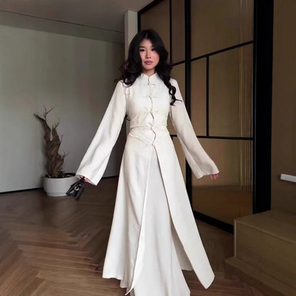 Chinese Frog Button Stand Collar Top & Wide-Leg Maxi Skirt Co-ord Set(MS483) - A-1 Thread Vault