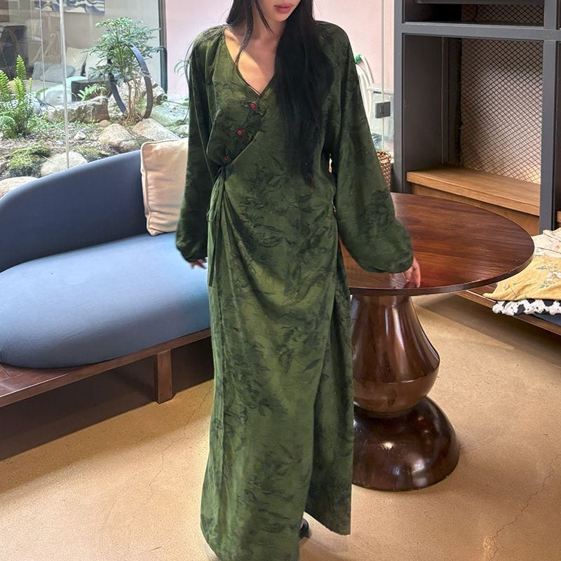 Chinese Style Jacquard & Print Maxi Wrap Dress(MS424) - A-1 Thread Vault