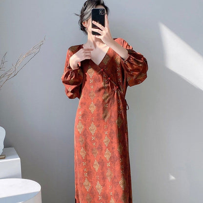 Chinese Style Jacquard & Print Maxi Wrap Dress(MS424) - A-1 Thread Vault