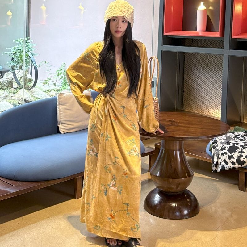 Chinese Style Jacquard & Print Maxi Wrap Dress(MS424) - A-1 Thread Vault