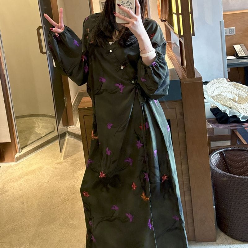 Chinese Style Jacquard & Print Maxi Wrap Dress(MS424) - A-1 Thread Vault