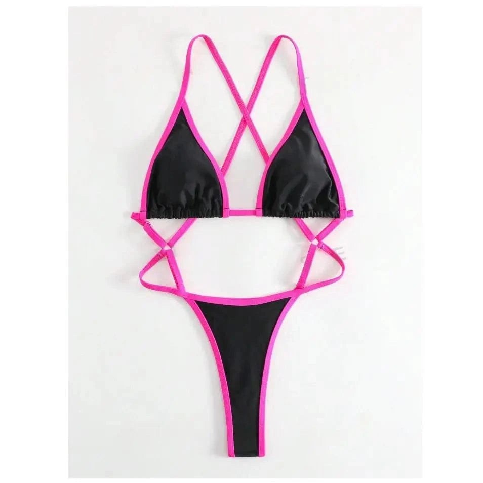 Cikini Summer Beach Women's Contrast Trim Halterneck One-Piece Swimsuit Sexy Swimwear Bathing Suit - A-1 Thread Vault