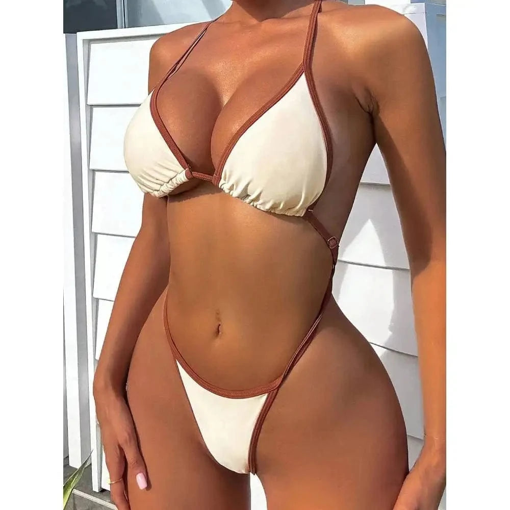 Cikini Summer Beach Women's Contrast Trim Halterneck One-Piece Swimsuit Sexy Swimwear Bathing Suit - A-1 Thread Vault