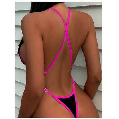 Cikini Summer Beach Women's Contrast Trim Halterneck One-Piece Swimsuit Sexy Swimwear Bathing Suit - A-1 Thread Vault