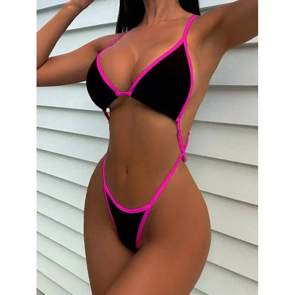 Cikini Summer Beach Women's Contrast Trim Halterneck One-Piece Swimsuit Sexy Swimwear Bathing Suit - A-1 Thread Vault