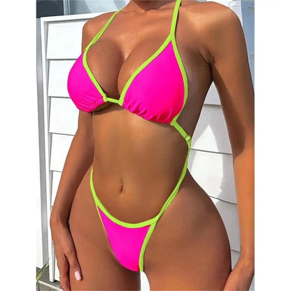 Cikini Summer Beach Women's Contrast Trim Halterneck One-Piece Swimsuit Sexy Swimwear Bathing Suit - A-1 Thread Vault