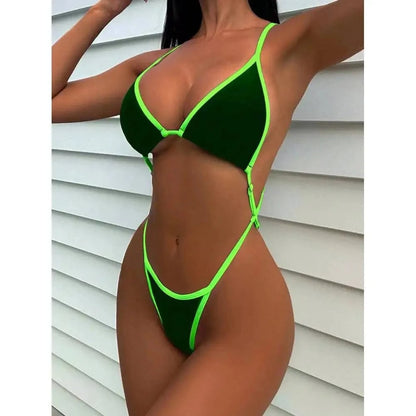 Cikini Summer Beach Women's Contrast Trim Halterneck One-Piece Swimsuit Sexy Swimwear Bathing Suit - A-1 Thread Vault