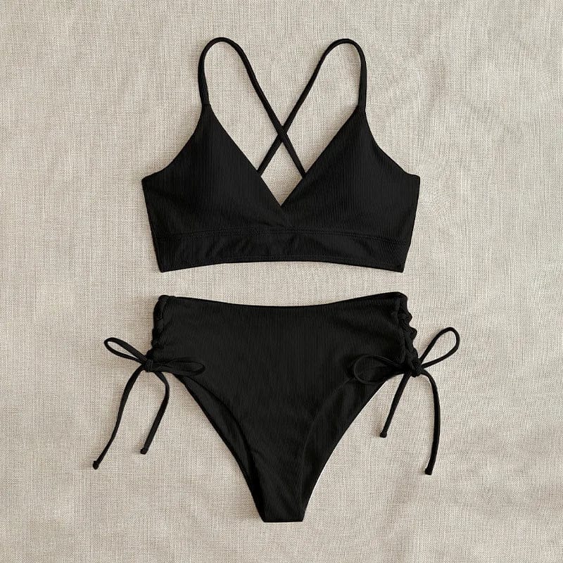 Cikini-V-Neck Split Bikini Set for Women, Sexy Swimsuit, Lace Up, Triangular Bikinis, Solid Color, Beach Swimwear, Bathing Suit - A-1 Thread Vault