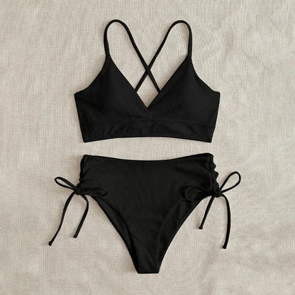 Cikini-V-Neck Split Bikini Set for Women, Sexy Swimsuit, Lace Up, Triangular Bikinis, Solid Color, Beach Swimwear, Bathing Suit - A-1 Thread Vault