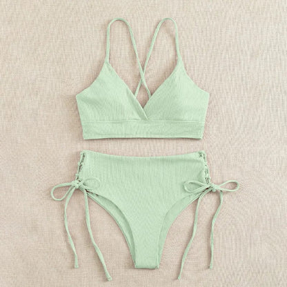 Cikini-V-Neck Split Bikini Set for Women, Sexy Swimsuit, Lace Up, Triangular Bikinis, Solid Color, Beach Swimwear, Bathing Suit - A-1 Thread Vault