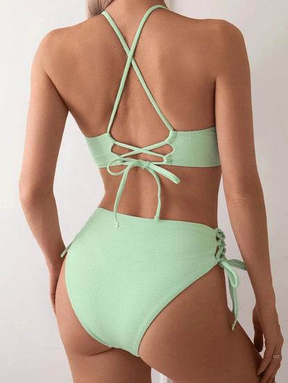 Cikini-V-Neck Split Bikini Set for Women, Sexy Swimsuit, Lace Up, Triangular Bikinis, Solid Color, Beach Swimwear, Bathing Suit - A-1 Thread Vault