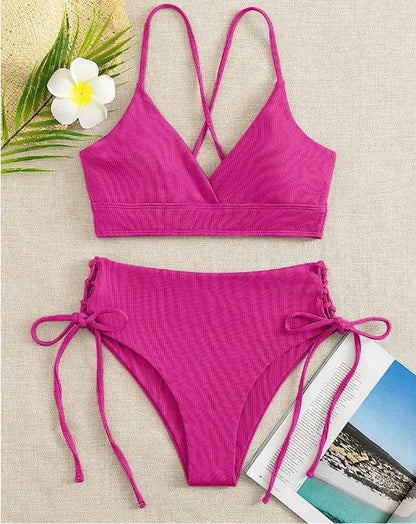 Cikini-V-Neck Split Bikini Set for Women, Sexy Swimsuit, Lace Up, Triangular Bikinis, Solid Color, Beach Swimwear, Bathing Suit - A-1 Thread Vault