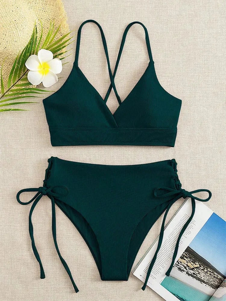 Cikini-V-Neck Split Bikini Set for Women, Sexy Swimsuit, Lace Up, Triangular Bikinis, Solid Color, Beach Swimwear, Bathing Suit - A-1 Thread Vault