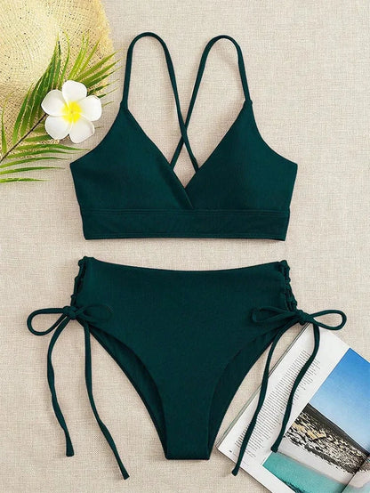 Cikini-V-Neck Split Bikini Set for Women, Sexy Swimsuit, Lace Up, Triangular Bikinis, Solid Color, Beach Swimwear, Bathing Suit - A-1 Thread Vault