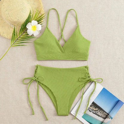 Cikini-V-Neck Split Bikini Set for Women, Sexy Swimsuit, Lace Up, Triangular Bikinis, Solid Color, Beach Swimwear, Bathing Suit - A-1 Thread Vault