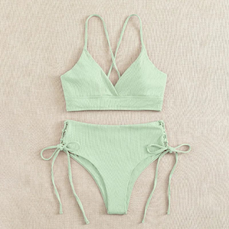 Cikini-V-Neck Split Bikini Set for Women, Sexy Swimsuit, Lace Up, Triangular Bikinis, Solid Color, Beach Swimwear, Bathing Suit - A-1 Thread Vault