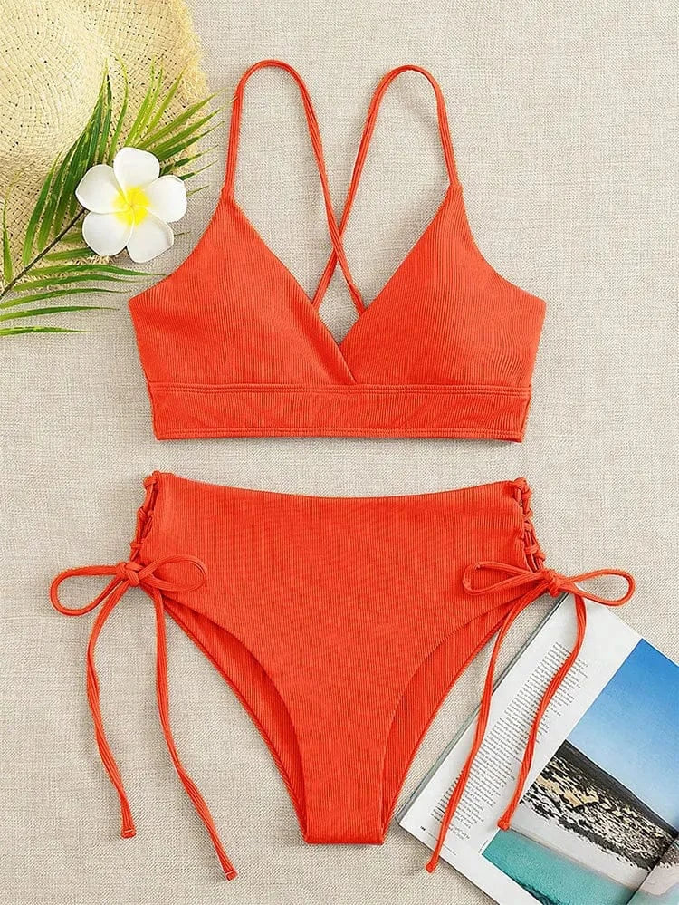 Cikini-V-Neck Split Bikini Set for Women, Sexy Swimsuit, Lace Up, Triangular Bikinis, Solid Color, Beach Swimwear, Bathing Suit - A-1 Thread Vault