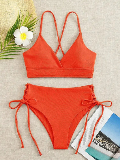 Cikini-V-Neck Split Bikini Set for Women, Sexy Swimsuit, Lace Up, Triangular Bikinis, Solid Color, Beach Swimwear, Bathing Suit - A-1 Thread Vault