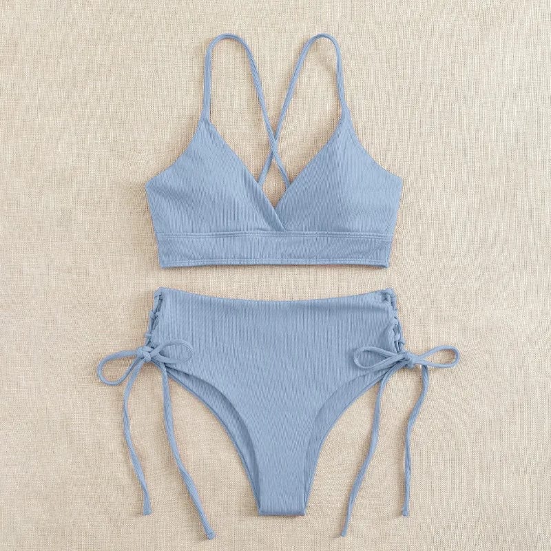 Cikini-V-Neck Split Bikini Set for Women, Sexy Swimsuit, Lace Up, Triangular Bikinis, Solid Color, Beach Swimwear, Bathing Suit - A-1 Thread Vault