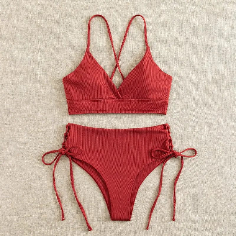 Cikini-V-Neck Split Bikini Set for Women, Sexy Swimsuit, Lace Up, Triangular Bikinis, Solid Color, Beach Swimwear, Bathing Suit - A-1 Thread Vault