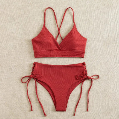 Cikini-V-Neck Split Bikini Set for Women, Sexy Swimsuit, Lace Up, Triangular Bikinis, Solid Color, Beach Swimwear, Bathing Suit - A-1 Thread Vault
