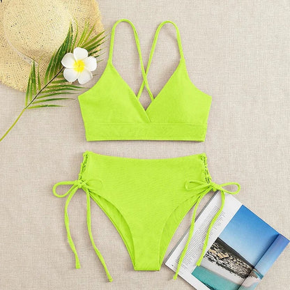 Cikini-V-Neck Split Bikini Set for Women, Sexy Swimsuit, Lace Up, Triangular Bikinis, Solid Color, Beach Swimwear, Bathing Suit - A-1 Thread Vault