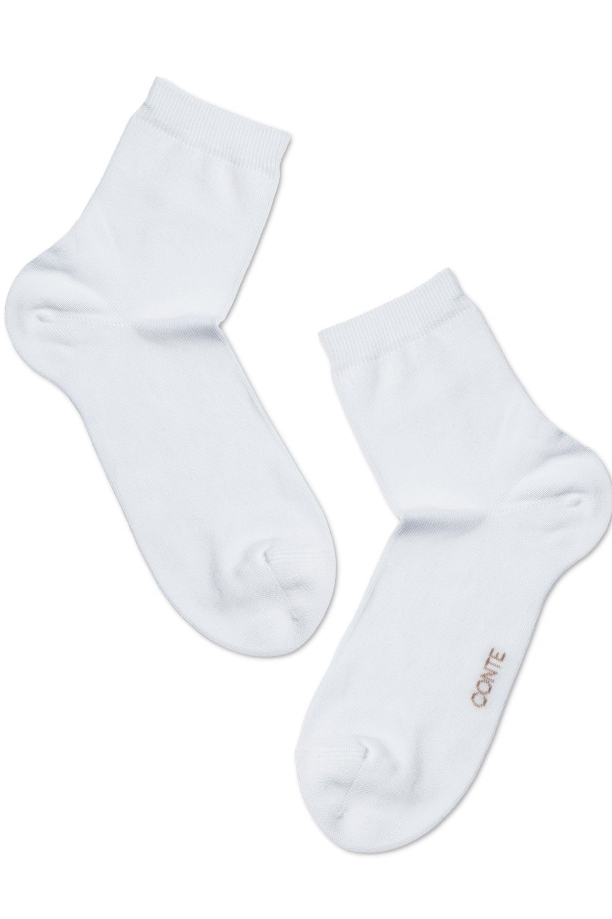 A pair of white ankle socks shown from the top and bottom angles on a white background, with the word CONTE printed on the side of one sock.