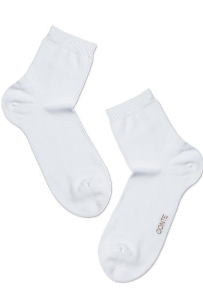 A pair of white ankle socks shown from the top and bottom angles on a white background, with the word CONTE printed on the side of one sock.