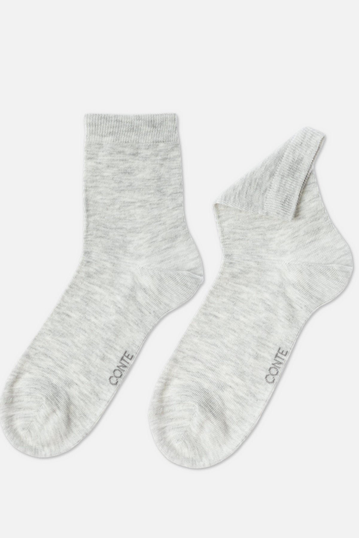 Two light grey heathered socks are displayed against a plain white background, with one standing upright and the other folded over.