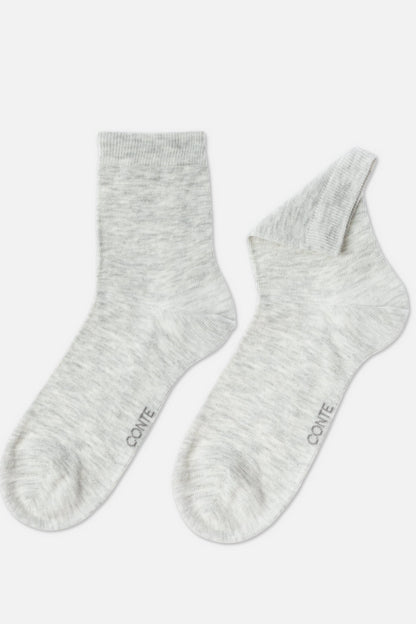 Two light grey heathered socks are displayed against a plain white background, with one standing upright and the other folded over.