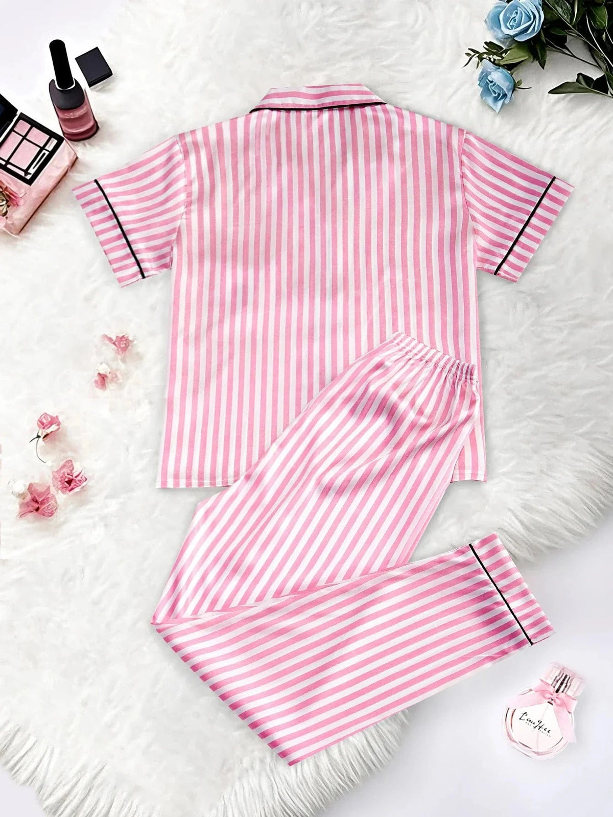 Classic Striped Print And Pocket Letter Short-Sleeve Long Pants Pajama Set, Satin Sleepwear with Lapel Collar and Button Detail - A-1 Thread Vault