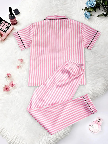 Classic Striped Print And Pocket Letter Short-Sleeve Long Pants Pajama Set, Satin Sleepwear with Lapel Collar and Button Detail - A-1 Thread Vault