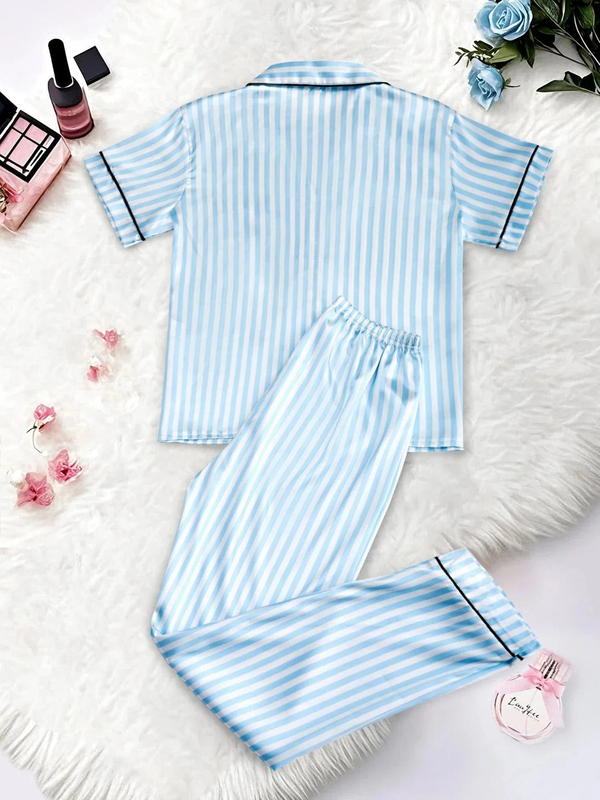 Classic Striped Print And Pocket Letter Short-Sleeve Long Pants Pajama Set, Satin Sleepwear with Lapel Collar and Button Detail - A-1 Thread Vault
