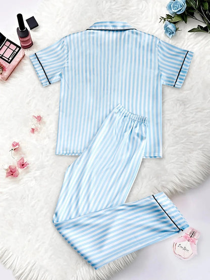 Classic Striped Print And Pocket Letter Short-Sleeve Long Pants Pajama Set, Satin Sleepwear with Lapel Collar and Button Detail - A-1 Thread Vault