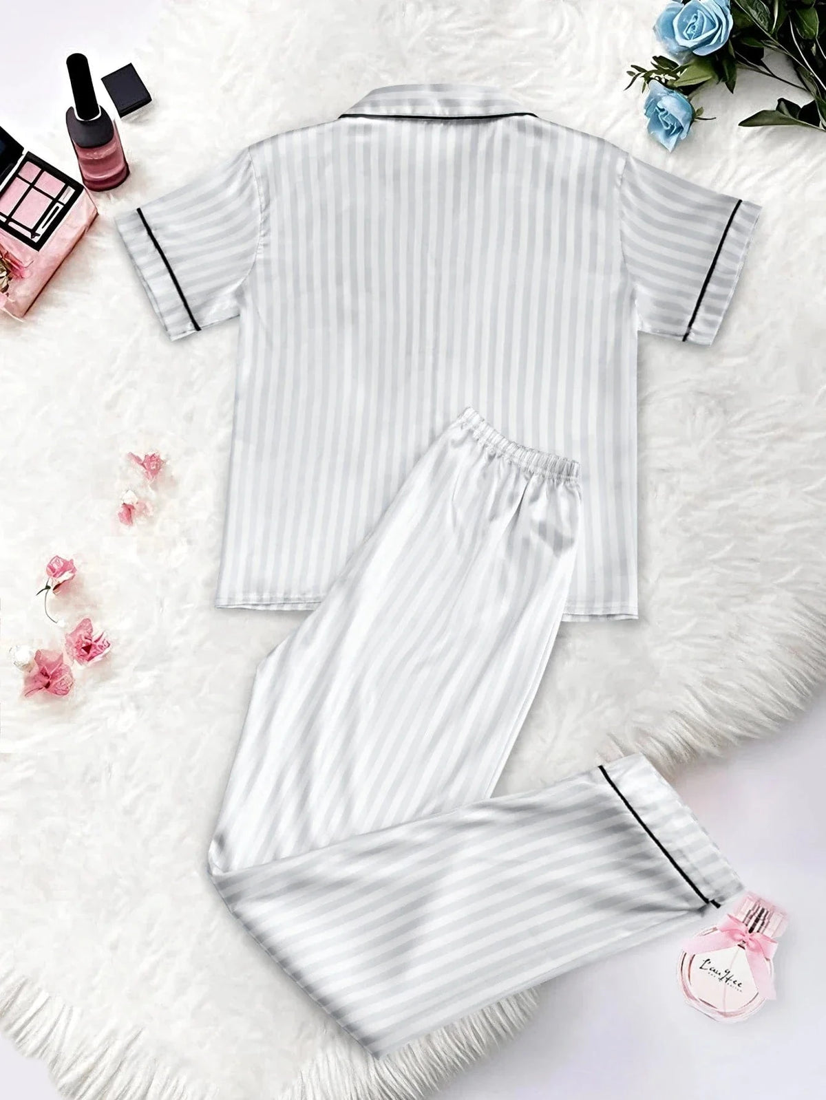 Classic Striped Print And Pocket Letter Short-Sleeve Long Pants Pajama Set, Satin Sleepwear with Lapel Collar and Button Detail - A-1 Thread Vault