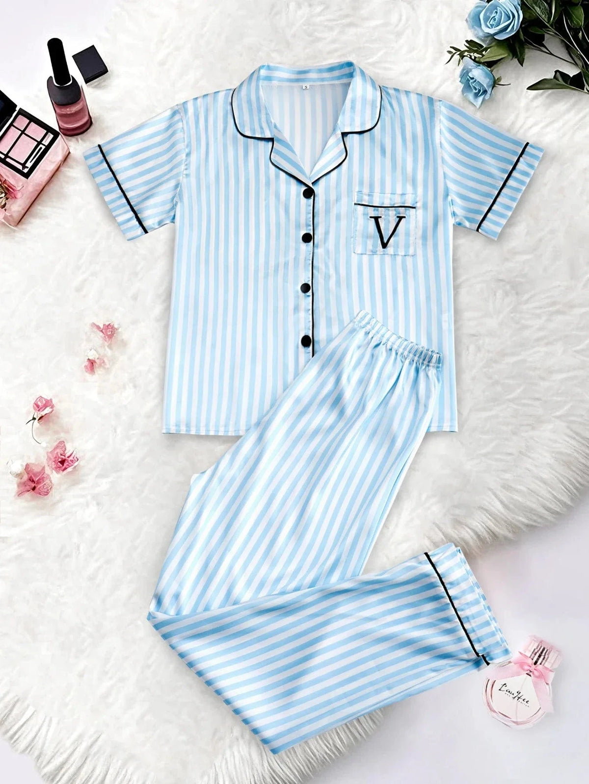 Classic Striped Print And Pocket Letter Short-Sleeve Long Pants Pajama Set, Satin Sleepwear with Lapel Collar and Button Detail - A-1 Thread Vault