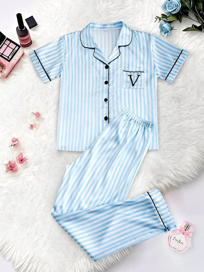 Classic Striped Print And Pocket Letter Short-Sleeve Long Pants Pajama Set, Satin Sleepwear with Lapel Collar and Button Detail - A-1 Thread Vault
