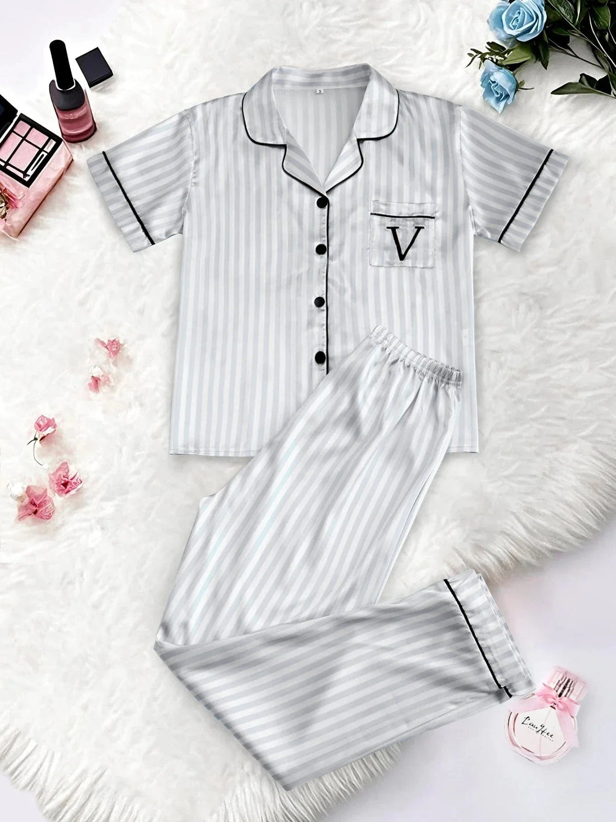 Classic Striped Print And Pocket Letter Short-Sleeve Long Pants Pajama Set, Satin Sleepwear with Lapel Collar and Button Detail - A-1 Thread Vault