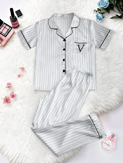 Classic Striped Print And Pocket Letter Short-Sleeve Long Pants Pajama Set, Satin Sleepwear with Lapel Collar and Button Detail - A-1 Thread Vault