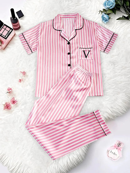 Classic Striped Print And Pocket Letter Short-Sleeve Long Pants Pajama Set, Satin Sleepwear with Lapel Collar and Button Detail - A-1 Thread Vault
