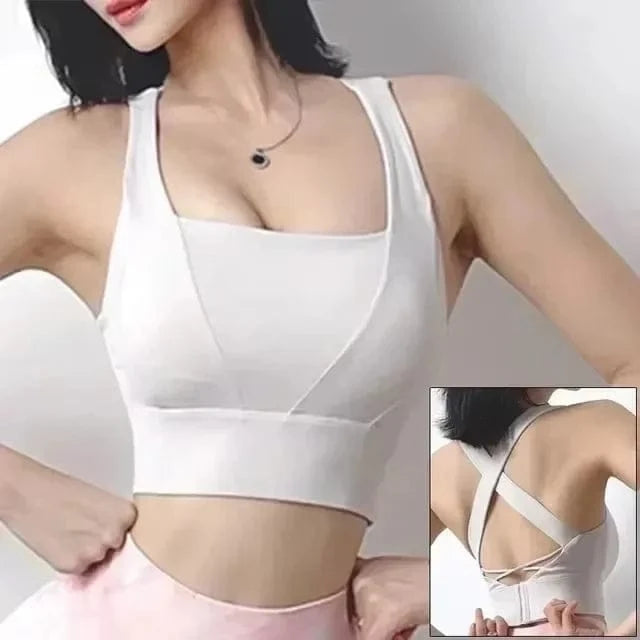 A white square-neck sports bra with a cross-back strap design shown from both the front and the back against a plain white background.