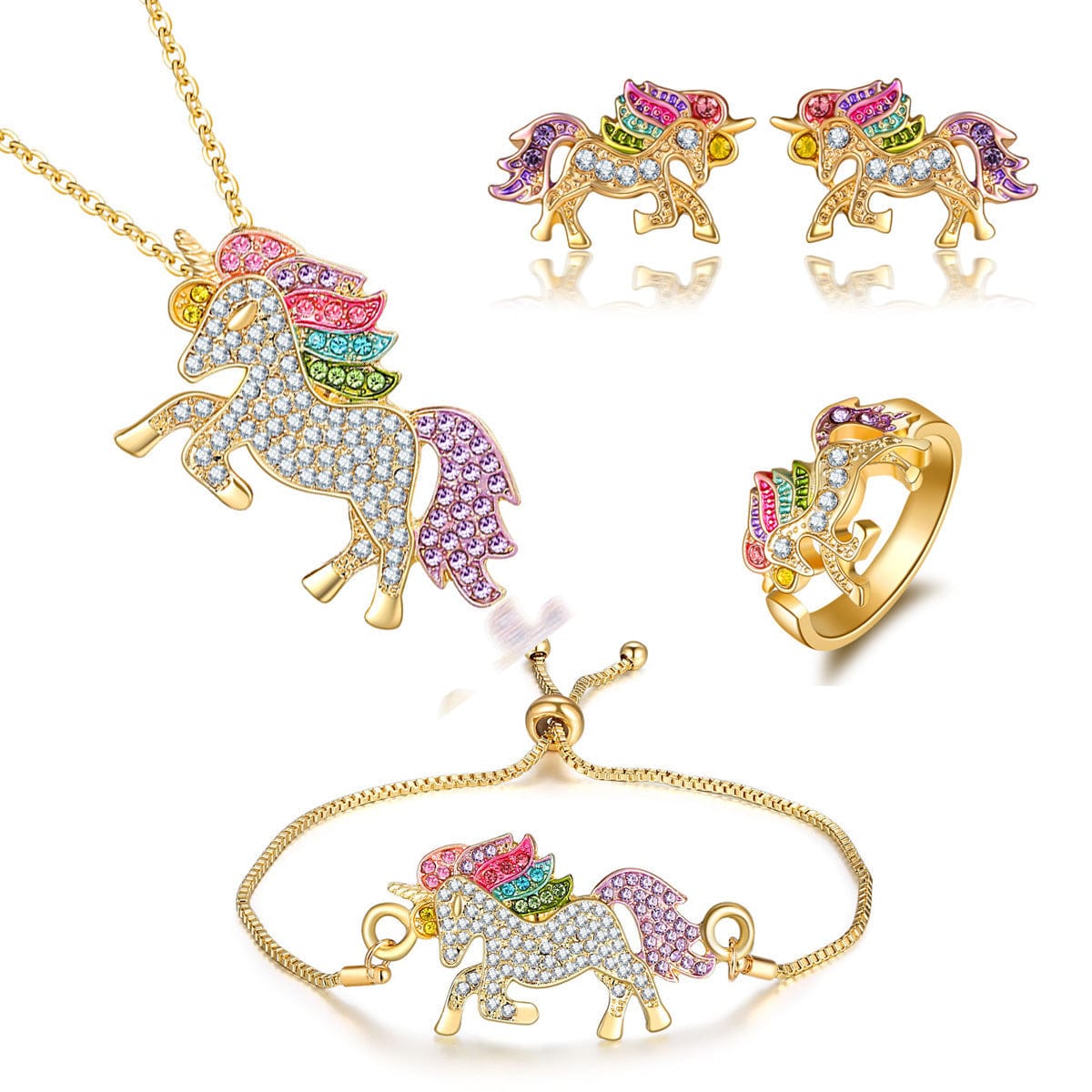Colorful Cartoon-Themed Unicorn Earrings, Necklace, Ring & Bracelet Jewelry Set - A-1 Thread Vault