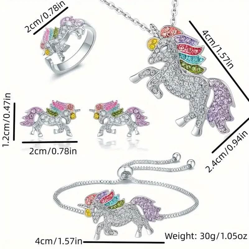 Colorful Cartoon-Themed Unicorn Earrings, Necklace, Ring & Bracelet Jewelry Set - A-1 Thread Vault