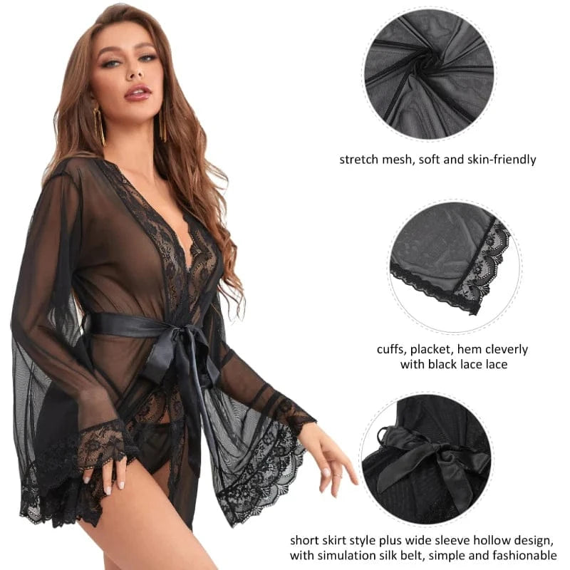 Comeondear Wedding Long Sleeve Robe Belt Sexy Lace Sleepwear 5XL Plus Size Lingerie See Through Nightgown Curve Mini Pajamas Set - A-1 Thread Vault