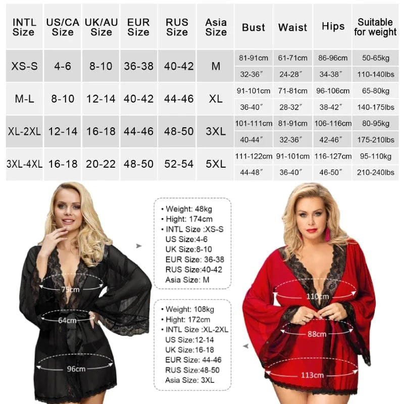 Comeondear Wedding Long Sleeve Robe Belt Sexy Lace Sleepwear 5XL Plus Size Lingerie See Through Nightgown Curve Mini Pajamas Set - A-1 Thread Vault