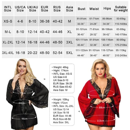 Comeondear Wedding Long Sleeve Robe Belt Sexy Lace Sleepwear 5XL Plus Size Lingerie See Through Nightgown Curve Mini Pajamas Set - A-1 Thread Vault